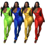 Solid Long Sleeve Zip Up Ruffles Bodycon Jumpsuits NIK-081