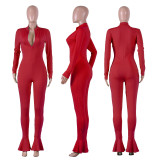Solid Long Sleeve Zip Up Ruffles Bodycon Jumpsuits NIK-081