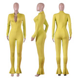 Solid Long Sleeve Zip Up Ruffles Bodycon Jumpsuits NIK-081