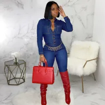 Plus Size Denim Long Sleeve Skinny Jeans Jumpsuits SMR-9531