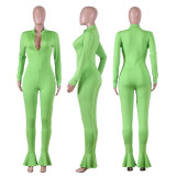 Solid Long Sleeve Zip Up Ruffles Bodycon Jumpsuits NIK-081