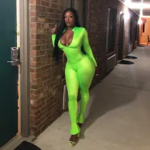 Solid Long Sleeve Zip Up Ruffles Bodycon Jumpsuits NIK-081