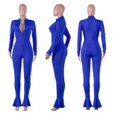 Solid Long Sleeve Zip Up Ruffles Bodycon Jumpsuits NIK-081