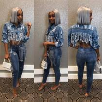 Sexy Tassel Long Sleeve Short Denim Jacket Coat SMR-9522