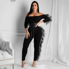 Sexy Slash Neck Feather Splice Jumpsuits Without Belt FNN-8349