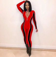 Contrast Color Long Sleeve Skinny Activewear Jumpsuit MEI-9076