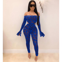 Sexy Printed Slash Neck Bodysuit And Pants Set NM-8087