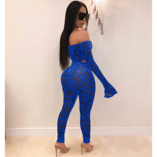 Sexy Printed Slash Neck Bodysuit And Pants Set NM-8087