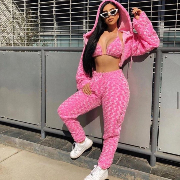 Sexy Fuzzy 3 Piece Sets Hooded Top+Bra+Pants BN-9223