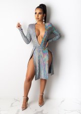 Sexy Deep V Neck Long Sleeve Split Club Dress OSM-5363