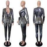 Shiny Deep V Top And Pants 2 Piece Sets With Belt LSL-6332