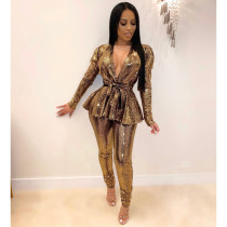 Shiny Deep V Top And Pants 2 Piece Sets With Belt LSL-6332