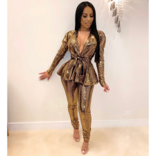 Shiny Deep V Top And Pants 2 Piece Sets With Belt LSL-6332