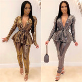 Shiny Deep V Top And Pants 2 Piece Sets With Belt LSL-6332