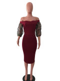 Elegant Slash Neck Mesh Sleeve Bodycon Midi Dress LA-3003