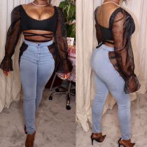 Denim Mesh Patchwork Stretch Skinny Jeans Pants LA-3159