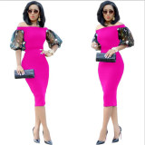 Elegant Slash Neck Mesh Sleeve Bodycon Midi Dress LA-3003