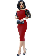 Elegant Slash Neck Mesh Sleeve Bodycon Midi Dress LA-3003