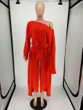 Solid Long Sleeve Wide Leg Pants Two Piece Sets NK-8524