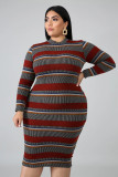 Plus Size Stripe Long Sleeve Bodycon Midi Dress OSM-4081
