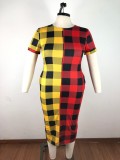 Plus Size 5XL Plaid Print Short Sleeve Long Dress OSM-3299