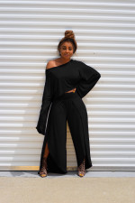 Solid Long Sleeve Wide Leg Pants Two Piece Sets NK-8524