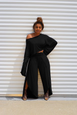 Solid Long Sleeve Wide Leg Pants Two Piece Sets NK-8524