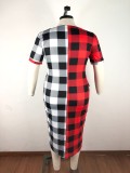 Plus Size 5XL Plaid Print Short Sleeve Long Dress OSM-3299