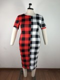 Plus Size 5XL Plaid Print Short Sleeve Long Dress OSM-3299