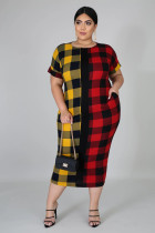 Plus Size 5XL Plaid Print Short Sleeve Long Dress OSM-3299