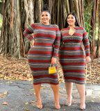 Plus Size Stripe Long Sleeve Bodycon Midi Dress OSM-4081