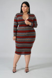 Plus Size Stripe Long Sleeve Bodycon Midi Dress OSM-4081