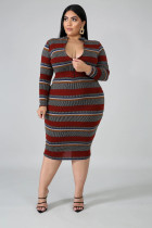 Plus Size Stripe Long Sleeve Bodycon Midi Dress OSM-4081