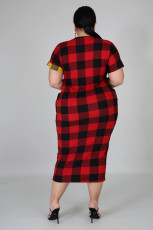 Plus Size 5XL Plaid Print Short Sleeve Long Dress OSM-3299