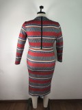 Plus Size Stripe Long Sleeve Bodycon Midi Dress OSM-4081