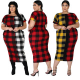 Plus Size 5XL Plaid Print Short Sleeve Long Dress OSM-3299