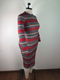 Plus Size Stripe Long Sleeve Bodycon Midi Dress OSM-4081
