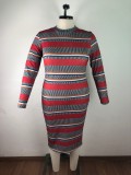 Plus Size Stripe Long Sleeve Bodycon Midi Dress OSM-4081