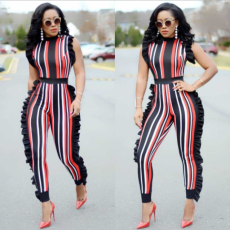 Sexy Stripe Ruffles Sleeveless Jumpsuits Plus Size FNN-8055