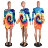 Tie Dye Print Oblique Shoulder Long Sleeve Mini Dress WY-6601