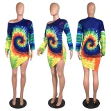 Tie Dye Print Oblique Shoulder Long Sleeve Mini Dress WY-6601
