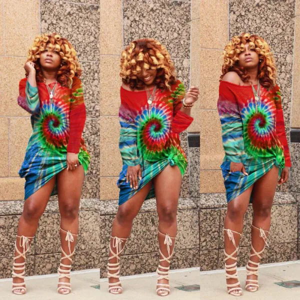Tie Dye Print Oblique Shoulder Long Sleeve Mini Dress WY-6601