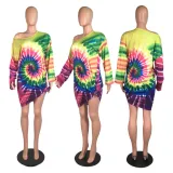 Tie Dye Print Oblique Shoulder Long Sleeve Mini Dress WY-6601