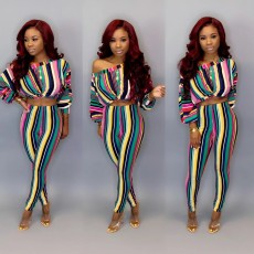 Colored Stripe Oblique Shoulder 2 Piece Pants Set WY-6605