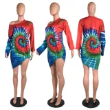 Tie Dye Print Oblique Shoulder Long Sleeve Mini Dress WY-6601