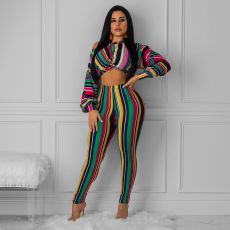 Colored Stripe Oblique Shoulder 2 Piece Pants Set WY-6605