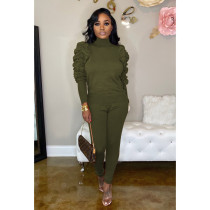 Solid Piles Sleeves Turtleneck Two Piece Pants Set IV-8065
