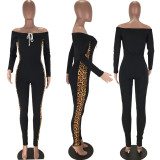 Leopard Patchwork Lace Up Bodycon Jumpsuits LM-8093