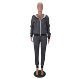Casual Zipper Hooded Two Piece Pants Set SMD-7022