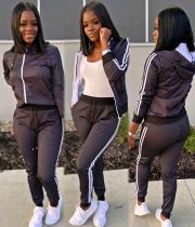 Casual Zipper Hooded Two Piece Pants Set SMD-7022